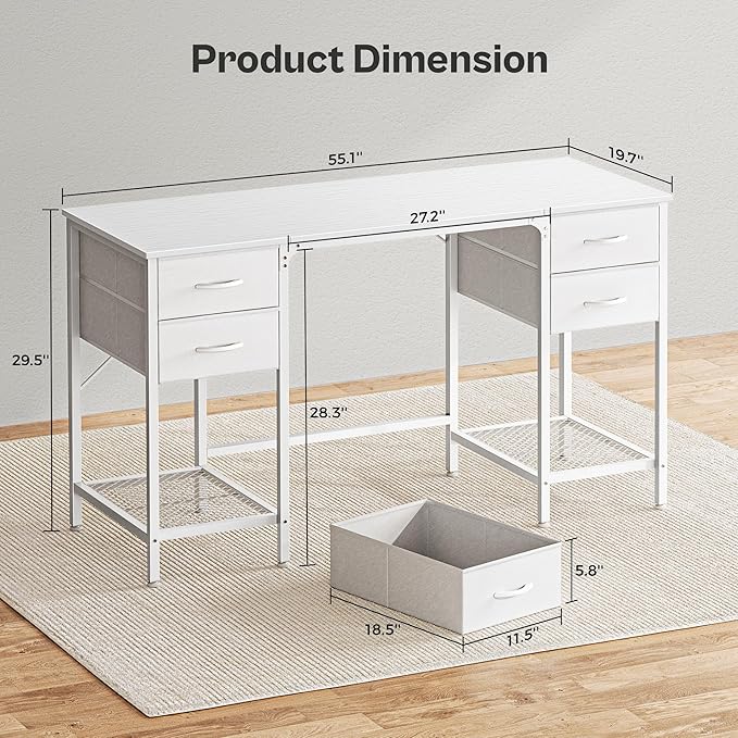 55 Inch Computer Desk with 4 Drawers, Office Desk with Mesh Shelf, Gaming Desk, Large Storage, Writing Desk Work Desk for Home Office, Study, Bedroom, Work from Home, White - LeafyLoom
