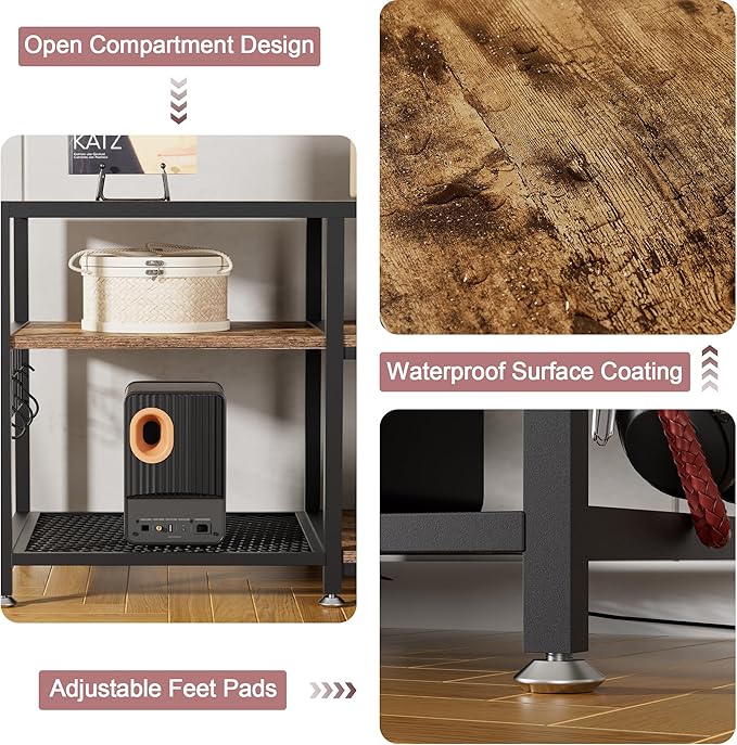 VECELO 70" TV Stand for 65/70/75 Inch Television, Entertainment Center with Storage Shelves & Hooks, 3-Tier Modern Wooden Console Table for Living, Bedroom and Gaming Room, Rustic Brown - LeafyLoom