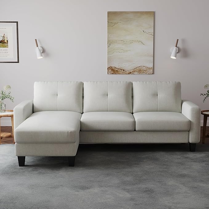 L Shaped Convertible Sectional Sofa, 3 Seater Linen Fabric Corner Couch with Reversible Chaise Movable Ottoman, Button Tufted Sofa&Couches for Small Apartments, Living Rooms and Offices - LeafyLoom