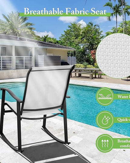 Shintenchi 3 Piece Rocking Bistro Set, Outdoor Furniture with Rocker Chairs and Glass coffee table set of 3, Balcony, Porch Furniture for Small Space, White - LeafyLoom