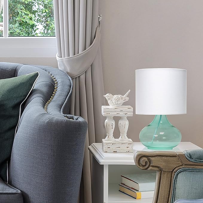 Simple Designs LT2063-AOW Glass Raindrop Bedside Table Lamp with White Fabric Shade, Aqua (Pack of 4) - LeafyLoom