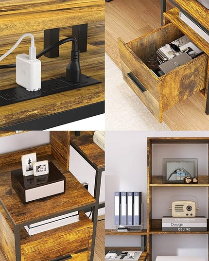 Rustic Brown L Shaped Desk with File Drawers, Computer Desk with Power Outlet and Monitor Shelf, Home Office Desk with Storage Shelves, Gaming Desk with Led Lights - LeafyLoom