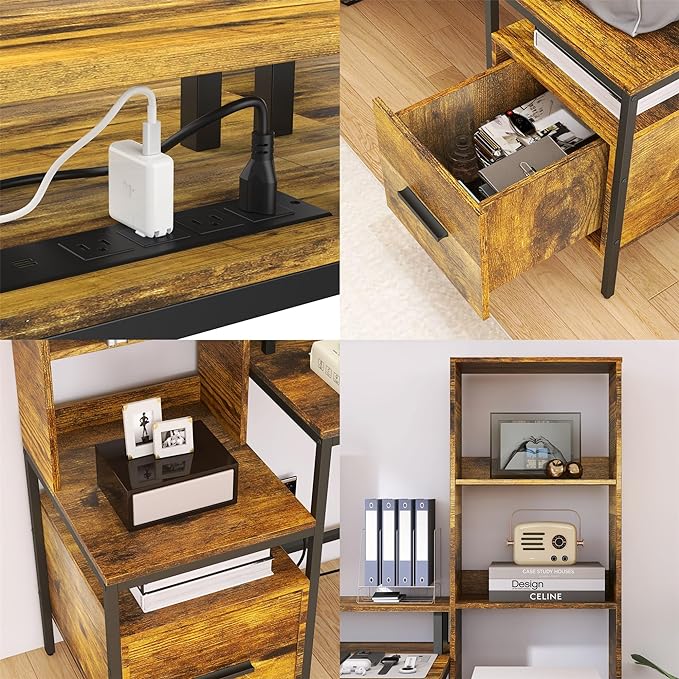 Rustic Brown L Shaped Desk with File Drawers, Computer Desk with Power Outlet and Monitor Shelf, Home Office Desk with Storage Shelves, Gaming Desk with Led Lights - LeafyLoom