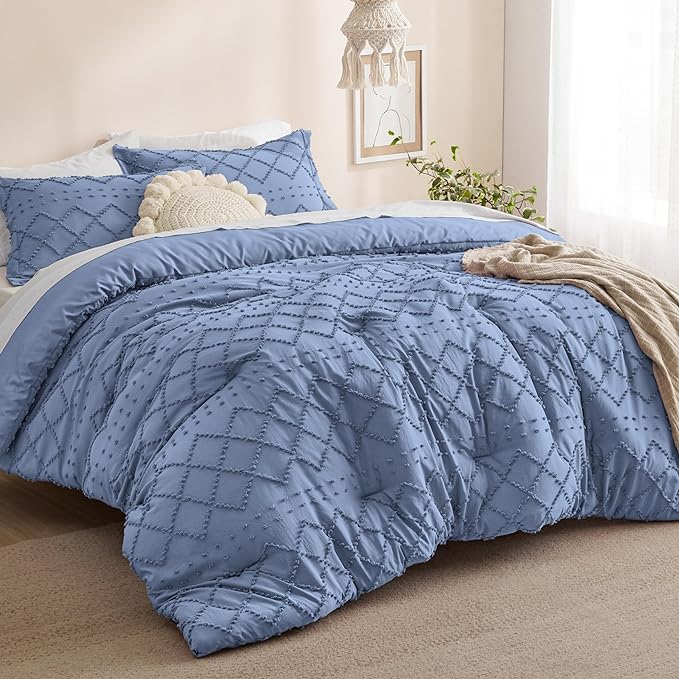 Bedsure Full Size Comforter Set - Mineral Blue Comforter, Boho Tufted Shabby Chic Bedding Comforter Set, 3 Pieces Farmhouse Bed Set for All Seasons, Fluffy Soft Bedding Set with 2 Pillow Shams - LeafyLoom
