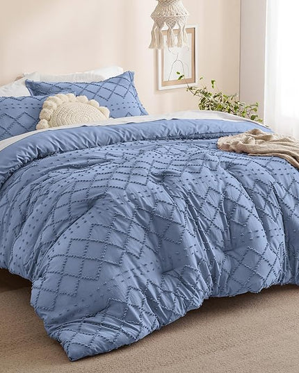 Bedsure Queen Comforter Set - Mineral Blue Comforter, Boho Tufted Shabby Chic Bedding Comforter Set, 3 Pieces Vintage Farmhouse Bed Set for All Seasons, Fluffy Soft Bedding Set with 2 Pillow Shams - LeafyLoom