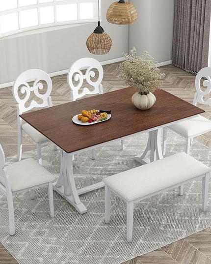 Dining Table Set for 6, Mid-Century 6-Piece Dining Room Table Set with Victorian Round Upholstered Dining Chairs and Long Bench, Kitchen Table Set for Living Room, Cherry+Antique White - LeafyLoom