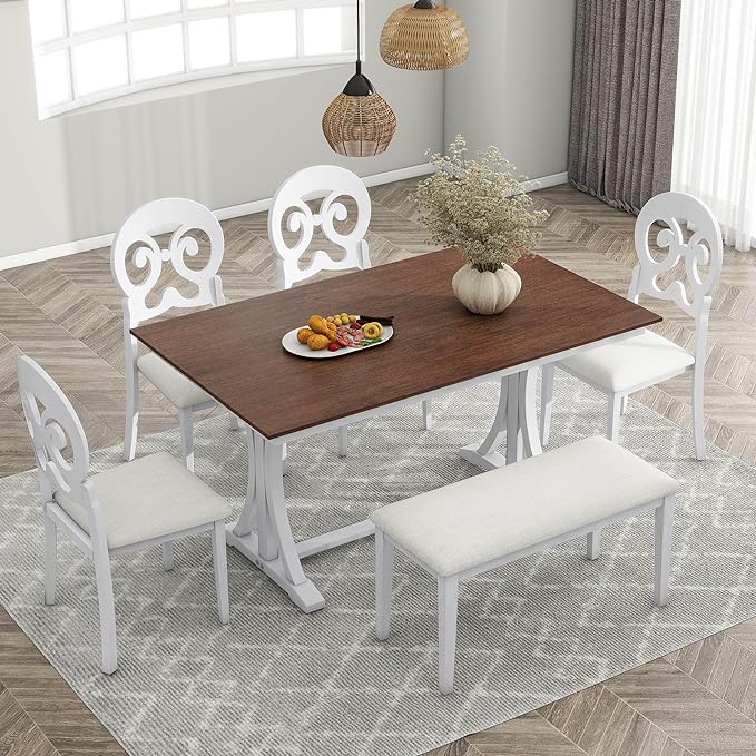 Dining Table Set for 6, Mid-Century 6-Piece Dining Room Table Set with Victorian Round Upholstered Dining Chairs and Long Bench, Kitchen Table Set for Living Room, Cherry+Antique White - LeafyLoom
