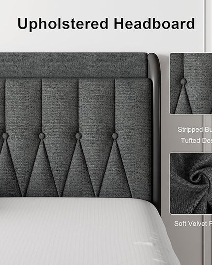 Feonase Queen Bed Frame with Type-C & USB Port, Metal Platform Beds, with Linen Upholstered Headboard & Footboard, 12" Underbed Storage Space, Easy Assembly, Noise-Free, Dark Gray - LeafyLoom