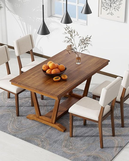 NicBex Small Dining Table Set for 4 Kitchen Table Set 5-Piece Dining Table Set with 4 Upholstered Chairs, 59-inch Rectangular Dining Table with Trestle Table Base, Walnut - LeafyLoom