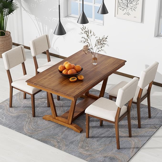 NicBex Small Dining Table Set for 4 Kitchen Table Set 5-Piece Dining Table Set with 4 Upholstered Chairs, 59-inch Rectangular Dining Table with Trestle Table Base, Walnut - LeafyLoom