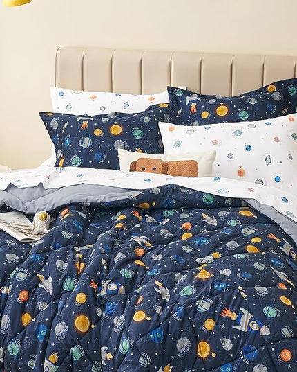 Twin Size Space Kids Bedding Set for Girls, 7 Pieces Super Soft Lightweight Microfiber Comforter Set with Sheets, Bed in a Bag, Durable Children Bed Set - LeafyLoom
