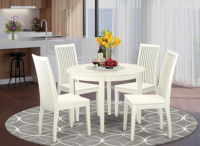 East West Furniture BOIP5-LWH-W Boston 5 Piece Kitchen Set for 4 Includes a Round Table and 4 Dining Room Chairs, Linen White, 42x42 Inch - LeafyLoom