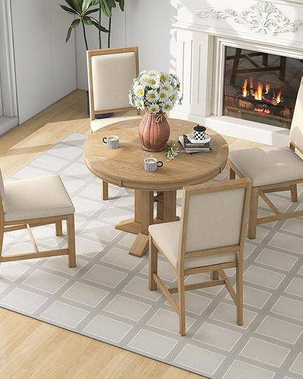 RITSU Farmhouse 5-Piece Dining Set, Included Retro Extendable Round Table with X-Shape Base and 4 Upholstered Chairs, Solid Wood Adjustable Dinette Furniture for Kitchen Living Room, Natural, 1 - LeafyLoom