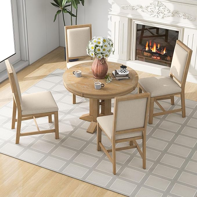 RITSU Farmhouse 5-Piece Dining Set, Included Retro Extendable Round Table with X-Shape Base and 4 Upholstered Chairs, Solid Wood Adjustable Dinette Furniture for Kitchen Living Room, Natural, 1 - LeafyLoom