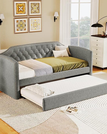 Merax Twin Size Upholstered Daybed with Trundle Bed, Linen Fabric Tufted Wooden Sofa Bed Frame for Living Room, Guest Room, Bedroom, Grey - LeafyLoom