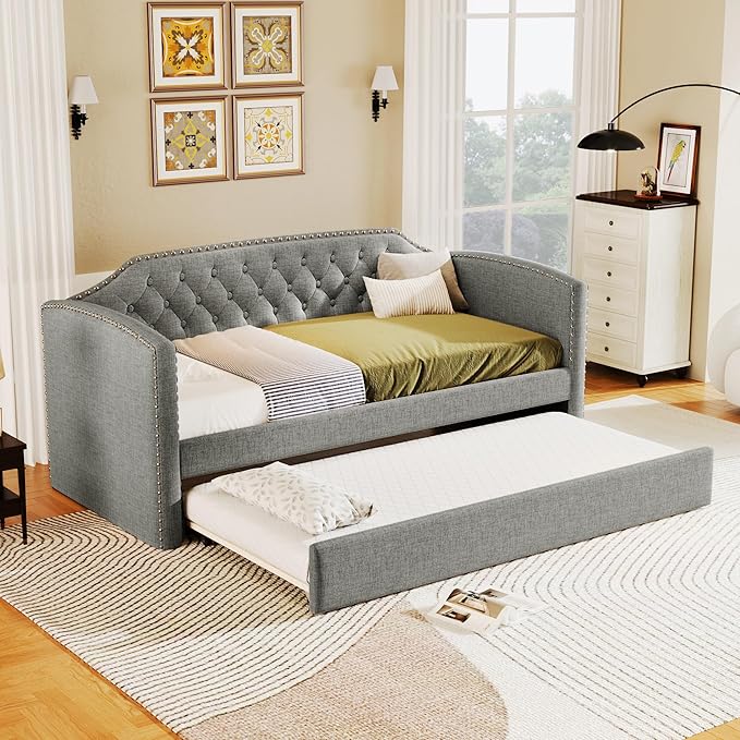 Merax Twin Size Upholstered Daybed with Trundle Bed, Linen Fabric Tufted Wooden Sofa Bed Frame for Living Room, Guest Room, Bedroom, Grey - LeafyLoom