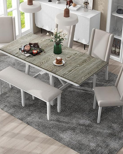 78Inch Dining Table Set for 6, Rectangular Extendable Dining Table with two 12" W Removable Leaves and 4 Upholstered Chairs & 1 Bench for Dining Room, Brown+White - LeafyLoom