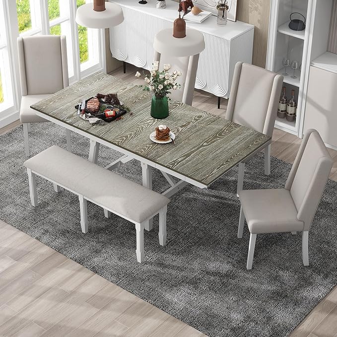 78Inch Dining Table Set for 6, Rectangular Extendable Dining Table with two 12" W Removable Leaves and 4 Upholstered Chairs & 1 Bench for Dining Room, Brown+White - LeafyLoom