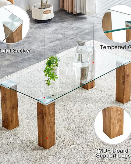 44" Modern Wood and Glass Top Coffee Table Rectangle Tea Table with Wood Leg for Living Room - LeafyLoom