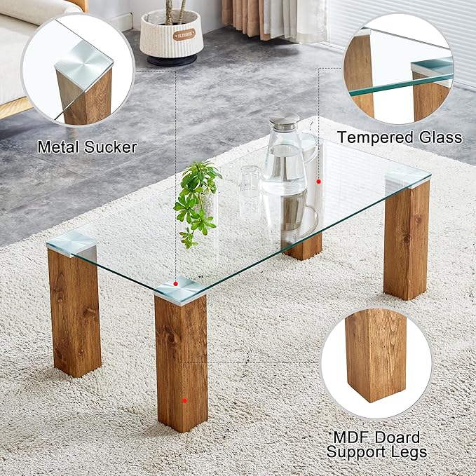 44" Modern Wood and Glass Top Coffee Table Rectangle Tea Table with Wood Leg for Living Room - LeafyLoom