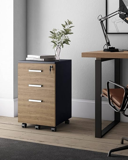 Lazio File Cabinet with Lock - Filing Cabinet for Home and Office - 3 Drawer Small Rolling File Cabinet -Wood Printer Stand with Storage for A4 Size/Legal Documents, File Folders (Cass Walnut/Black) - LeafyLoom