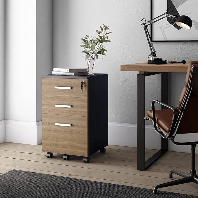 Lazio File Cabinet with Lock - Filing Cabinet for Home and Office - 3 Drawer Small Rolling File Cabinet -Wood Printer Stand with Storage for A4 Size/Legal Documents, File Folders (Cass Walnut/Black) - LeafyLoom