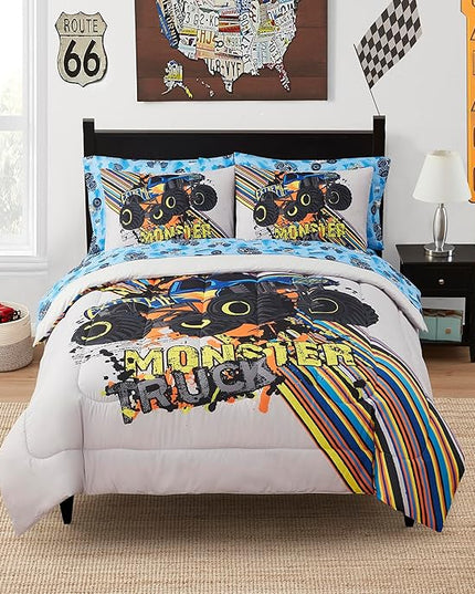 Kids Bedding Set Bed in a Bag for Boys and Girls Toddlers Printed Sheet Set and Comforter, Full, Monster Truck - LeafyLoom