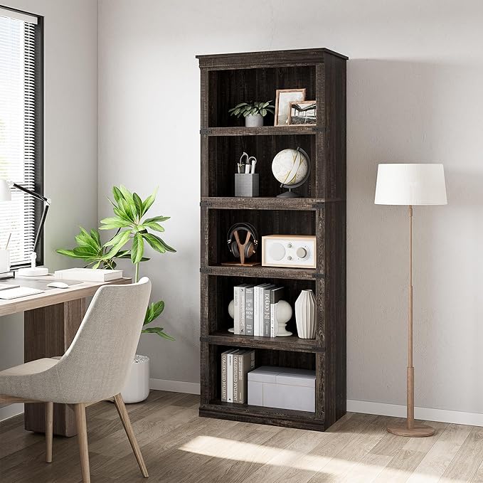 GAOMON 5 Tier Bookcase, Farmhouse Book shelf with Storage Open Display Bookshelves, 67.4" Tall Book Case Wooden 5 Shelf Bookcase Home Decor Furniture for Home Office, Living Room, Bed Room - Oak - LeafyLoom