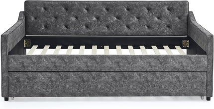 Full Size Daybed with win Size Trundle, Upholstered Tufted Day Bed, with Button Back and Waved Shape Arms, Wood Slat Support, No Spring Box Need, for Bedroom, Livingroom, Grey - LeafyLoom