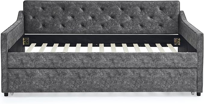 Full Size Daybed with win Size Trundle, Upholstered Tufted Day Bed, with Button Back and Waved Shape Arms, Wood Slat Support, No Spring Box Need, for Bedroom, Livingroom, Grey - LeafyLoom