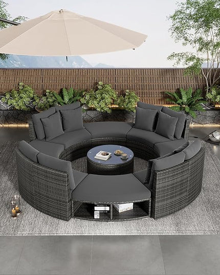 9-Pieces Outdoor Patio Furniture Set, Rattan Wicker Circular Sectional Sofa with Storage, Tempered Glass Table and 6 Pillows, Garden Lawn Half Moon Conversation Couch, Grey - LeafyLoom