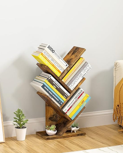 Hoctieon 4 Tier Tree Bookshelf, 4 Shelf Bookcase, Modern Book Storage, Free Standing Tree Bookcase, Utility Organizer Shelves for Home Office, Living Room, Bedroom, Rustic Brown - LeafyLoom