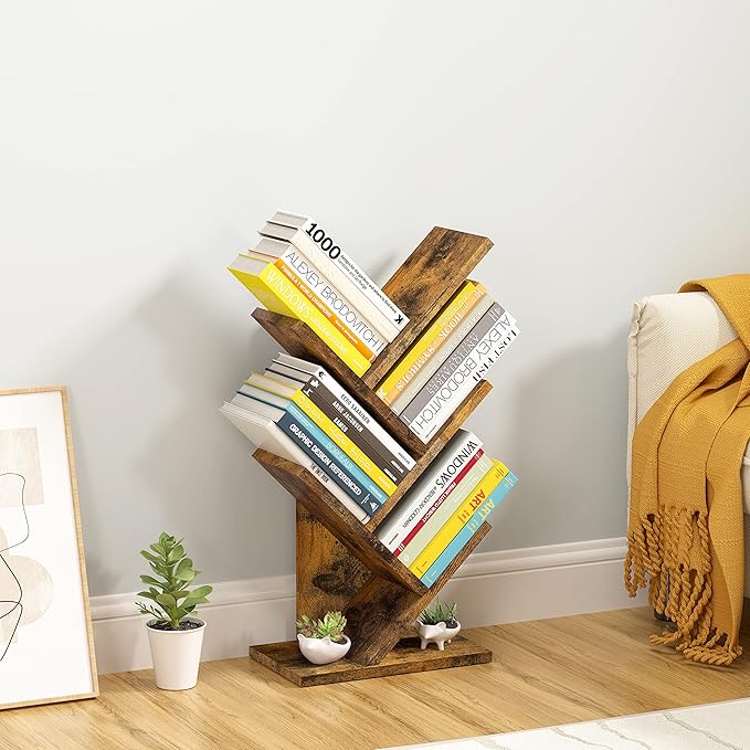 Hoctieon 4 Tier Tree Bookshelf, 4 Shelf Bookcase, Modern Book Storage, Free Standing Tree Bookcase, Utility Organizer Shelves for Home Office, Living Room, Bedroom, Rustic Brown - LeafyLoom
