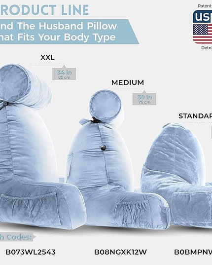Husband Pillow XXL Sky Blue Backrest with Arms - Adult Reading Pillow Shredded Memory Foam, Ultra-Comfy Removable Microplush Cover, Detachable Neck Roll, Unmatched Support for Bed Rest Sit Up Pillow - LeafyLoom