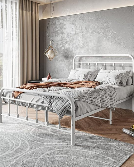 Vintage Full Size Bed Frame with Headboard and Footboard Mattress Heavy Duty Metal Platform Bed Frame Steel Slat Support (Full, White) - LeafyLoom