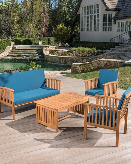 Christopher Knight Home Carolina Outdoor 4 Piece Patina Acacia Wood Sofa Conversation Patio Furniture Sets with Cushions, 27.50" D x 24.00" W x 33.25" H, Dark Teal/Brown - LeafyLoom