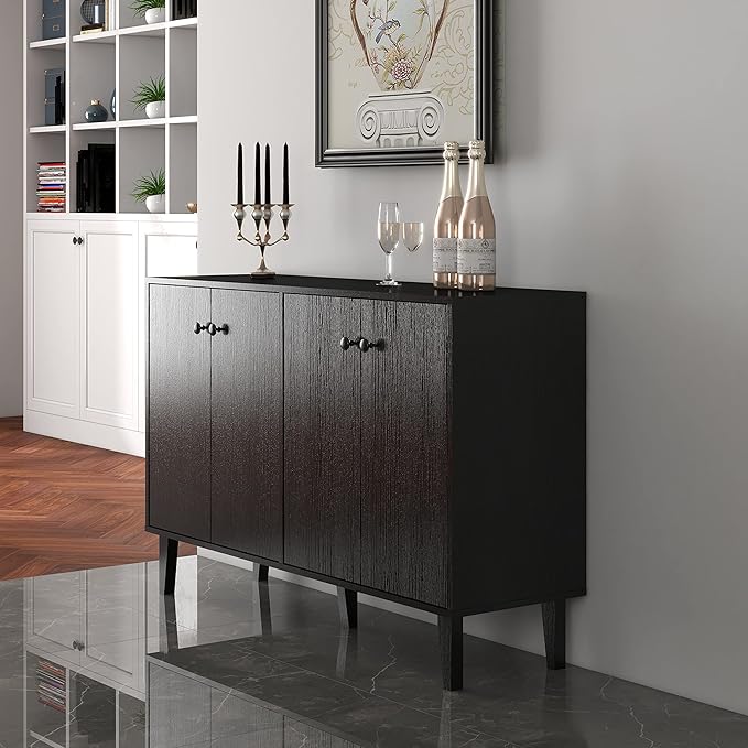 Panana Sideboard Buffet Cabinet Kitchen Storage Cabinet Living Room 4 Doors Console Table (Black) - LeafyLoom