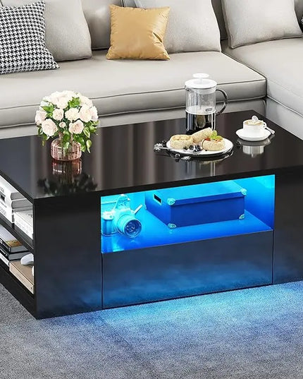 YITAHOME Modern Coffee Tables for Living Room, High Gloss LED Coffee Table, Storage Coffee Table, Small Coffee Table, Wood Center Table with 2 Sliding Drawers and Open Side Shelf,Black - LeafyLoom