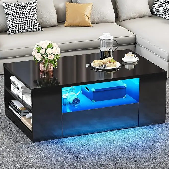 YITAHOME Modern Coffee Tables for Living Room, High Gloss LED Coffee Table, Storage Coffee Table, Small Coffee Table, Wood Center Table with 2 Sliding Drawers and Open Side Shelf,Black - LeafyLoom