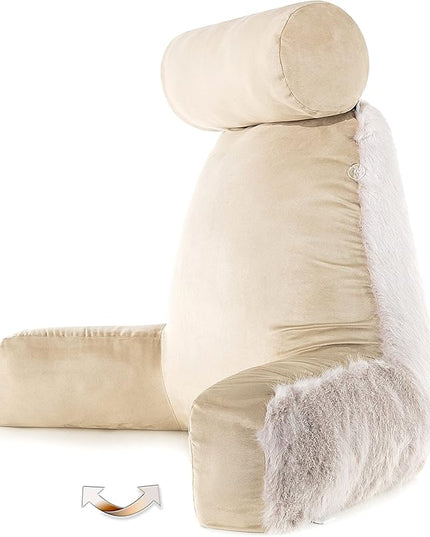 Husband Pillow XXL Baby Golden Wolf Fabulous Faux Fur Backrest, Two-Tone Reversible Double Sided Reading & Bed Rest Pillow with Arms & Neck Roll, Adjustable Memory Foam - Sit Up Extremely Comfy - LeafyLoom