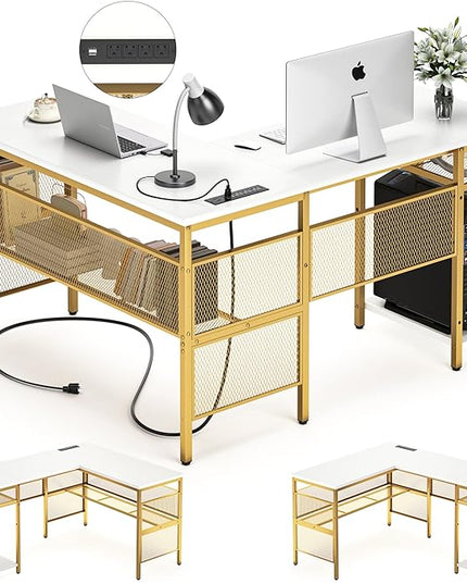 Unikito L Shaped Desk with Power Outlets and USB Charging Ports, Reversible L-Shaped Corner Desks with Storage Shelves, Unique Grid Design, 2 Person Gaming Computer Table for Home Office, White - LeafyLoom