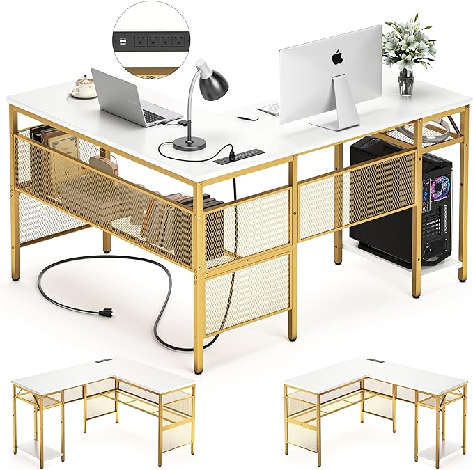Unikito L Shaped Desk with Power Outlets and USB Charging Ports, Reversible L-Shaped Corner Desks with Storage Shelves, Unique Grid Design, 2 Person Gaming Computer Table for Home Office, White - LeafyLoom