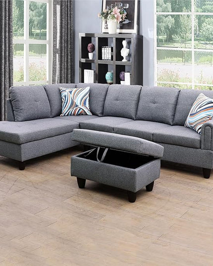 ROOMTEC Button Modern L Shape Sectional Sofa Set, Upholstered Corner Couch with Storage Ottoman, Linen Tufted Cushions, for Living Room, Apartment, 97inch, Grey w/Left Chaise Lounge - LeafyLoom