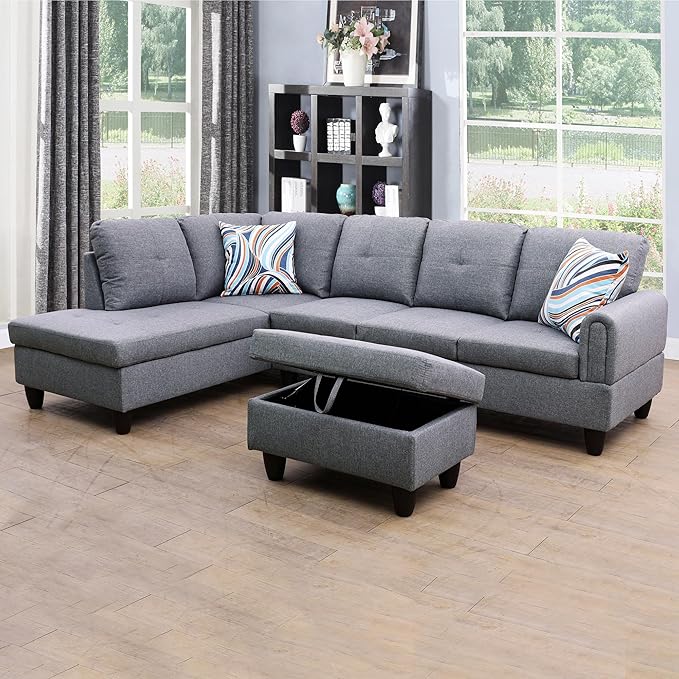 ROOMTEC Button Modern L Shape Sectional Sofa Set, Upholstered Corner Couch with Storage Ottoman, Linen Tufted Cushions, for Living Room, Apartment, 97inch, Grey w/Left Chaise Lounge - LeafyLoom