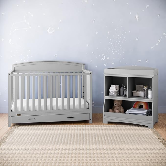 Graco Benton 5-in-1 Convertible Crib with Drawer (Pebble Gray) -Converts from Baby Crib to Toddler Bed, Daybed and Full-Size Bed,Fits Standard Full-Size Crib Mattress, Adjustable Mattress Support Base - LeafyLoom