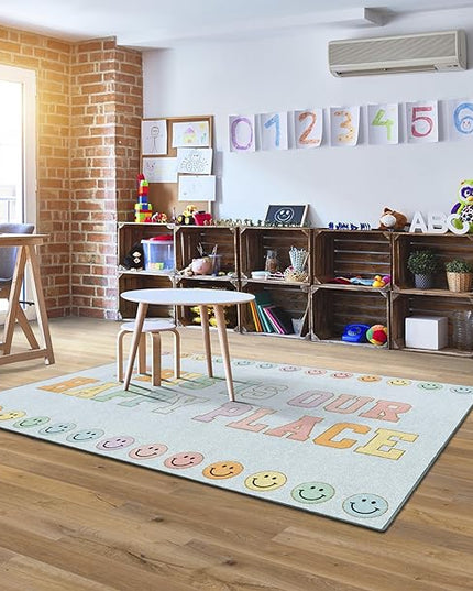 Flagship Carpets Schoolgirl Style This is Our Happy Place on Blue Educational Area Rug for Kids Room Seating Décor, Children's Classroom, Play Carpet for Teaching and Playroom, 5' x 7'6" - LeafyLoom