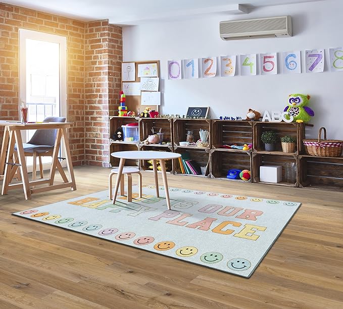 Flagship Carpets Schoolgirl Style This is Our Happy Place on Blue Educational Area Rug for Kids Room Seating Décor, Children's Classroom, Play Carpet for Teaching and Playroom, 5' x 7'6" - LeafyLoom
