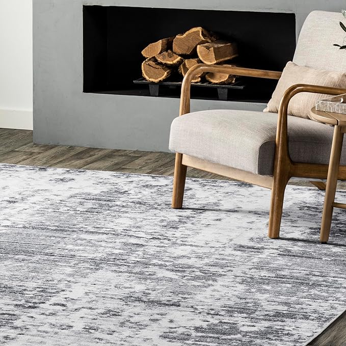 nuLOOM Alva Faded Abstract Machine Washable Ultra Thin Runner Rug, 2' 6" x 8', Light Grey - LeafyLoom