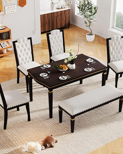 NicBex Dining Room Table Set for 6 Kitchen Table and Chairs 62.7" Rectangular Table and 4 High-Back Tufted Chairs & 1 Bench for Dining Room and Kitchen, Espresso - LeafyLoom