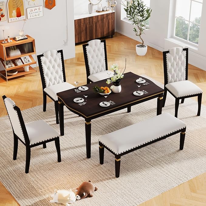 NicBex Dining Room Table Set for 6 Kitchen Table and Chairs 62.7" Rectangular Table and 4 High-Back Tufted Chairs & 1 Bench for Dining Room and Kitchen, Espresso - LeafyLoom